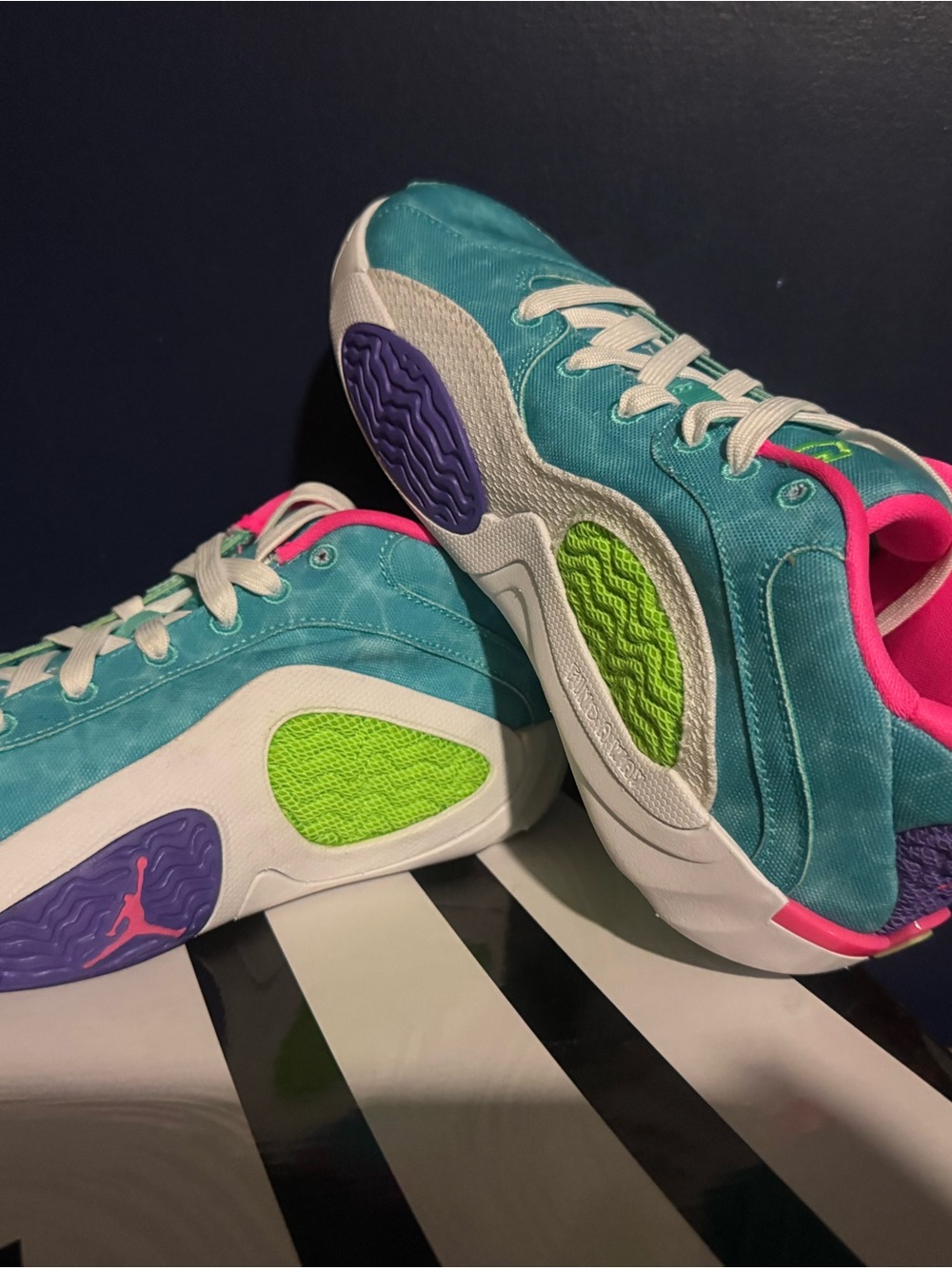 Jordan Women's Low-Top Sneakers in Teal with Hot Pink, Lime & Purple Accents